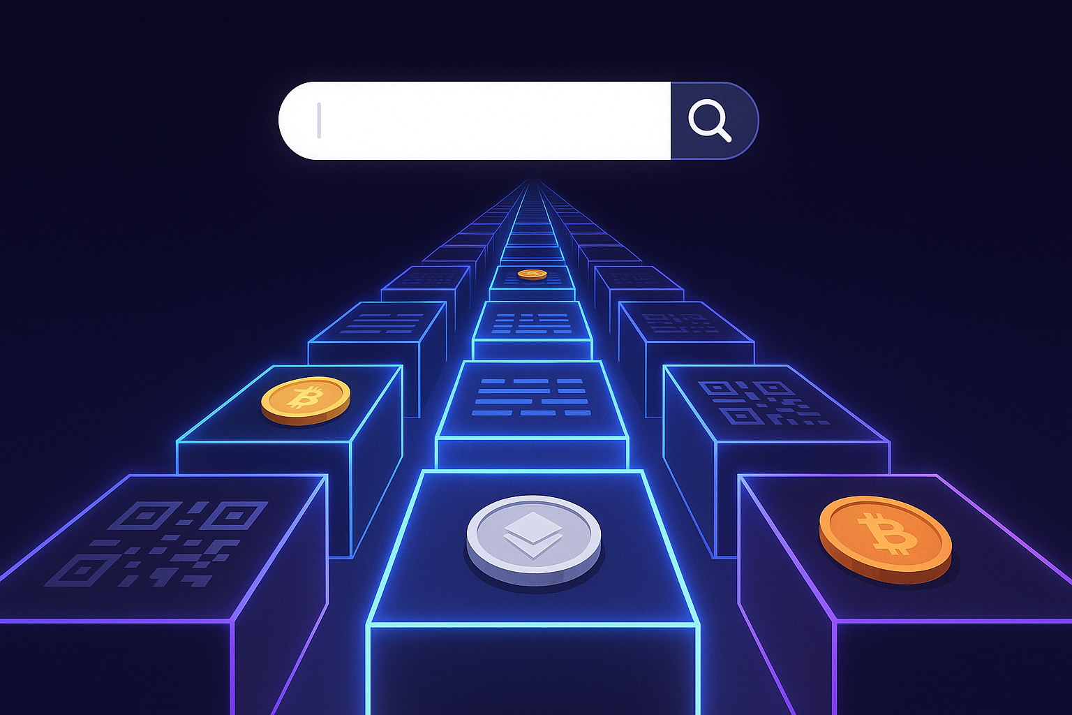 Blockchain explorer interface over neon 3D blockchain highway with crypto blocks and coins