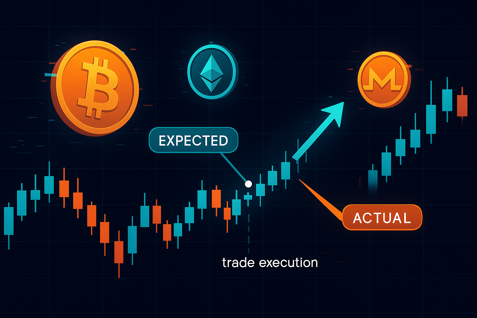 Graphique des prix des cryptomonnaies montrant le slippage, avec les prix de transaction attendus et réels, et le nombre de pièces en circulation.