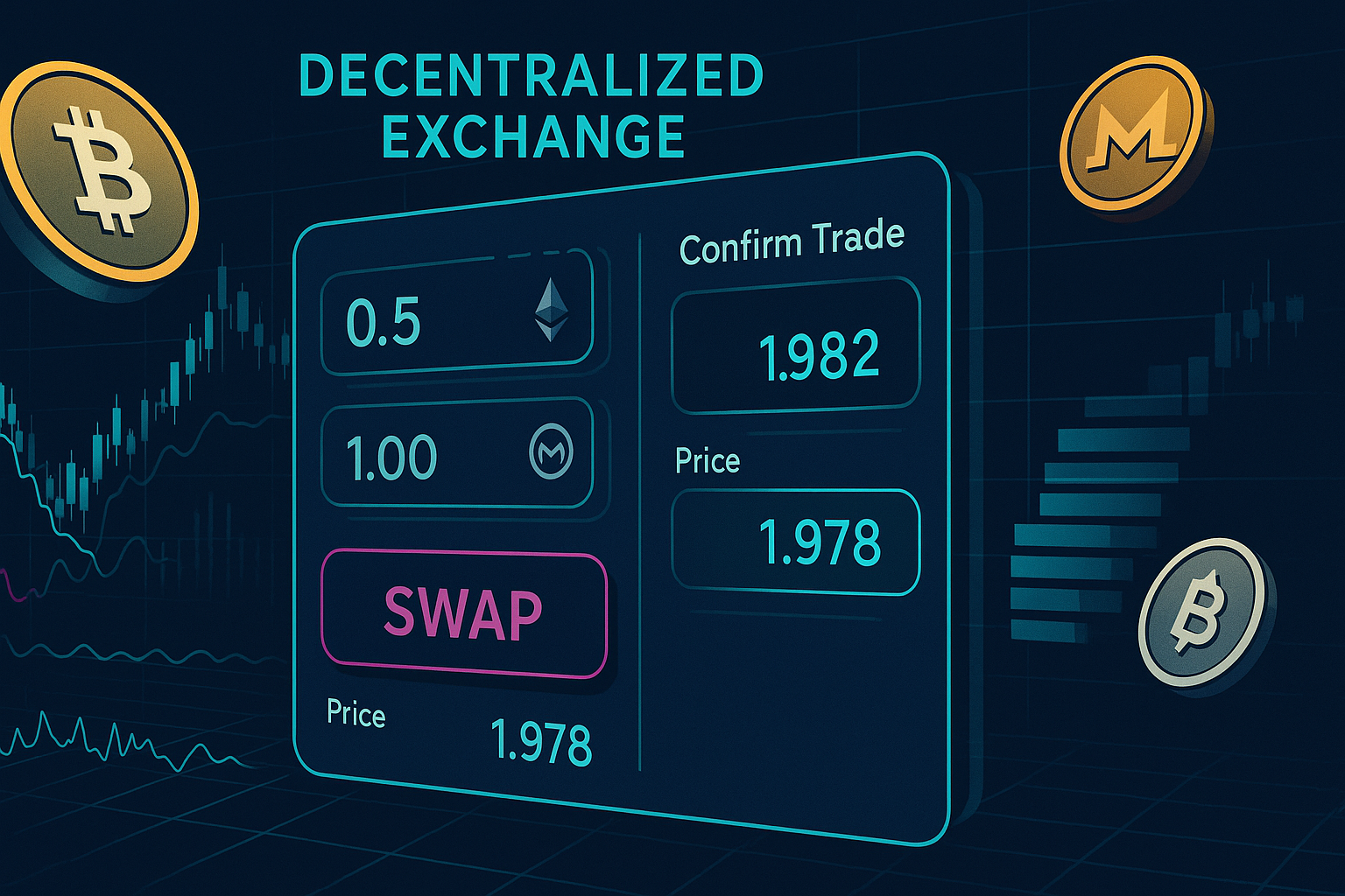 Futuristic crypto DEX interface illustrating price slippage during a token swap