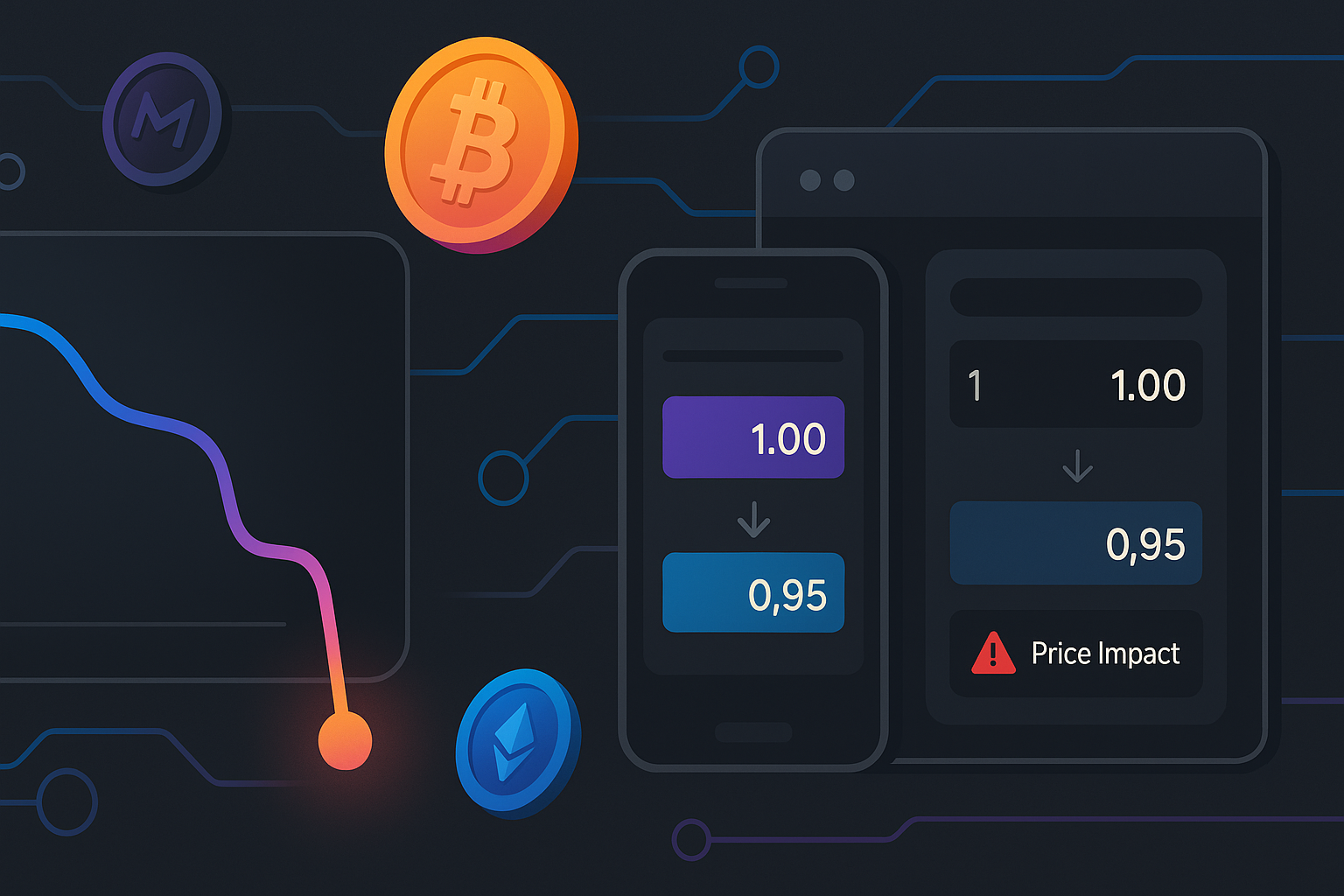 Crypto swap dashboard showing slippage impact and price warning in dark mode