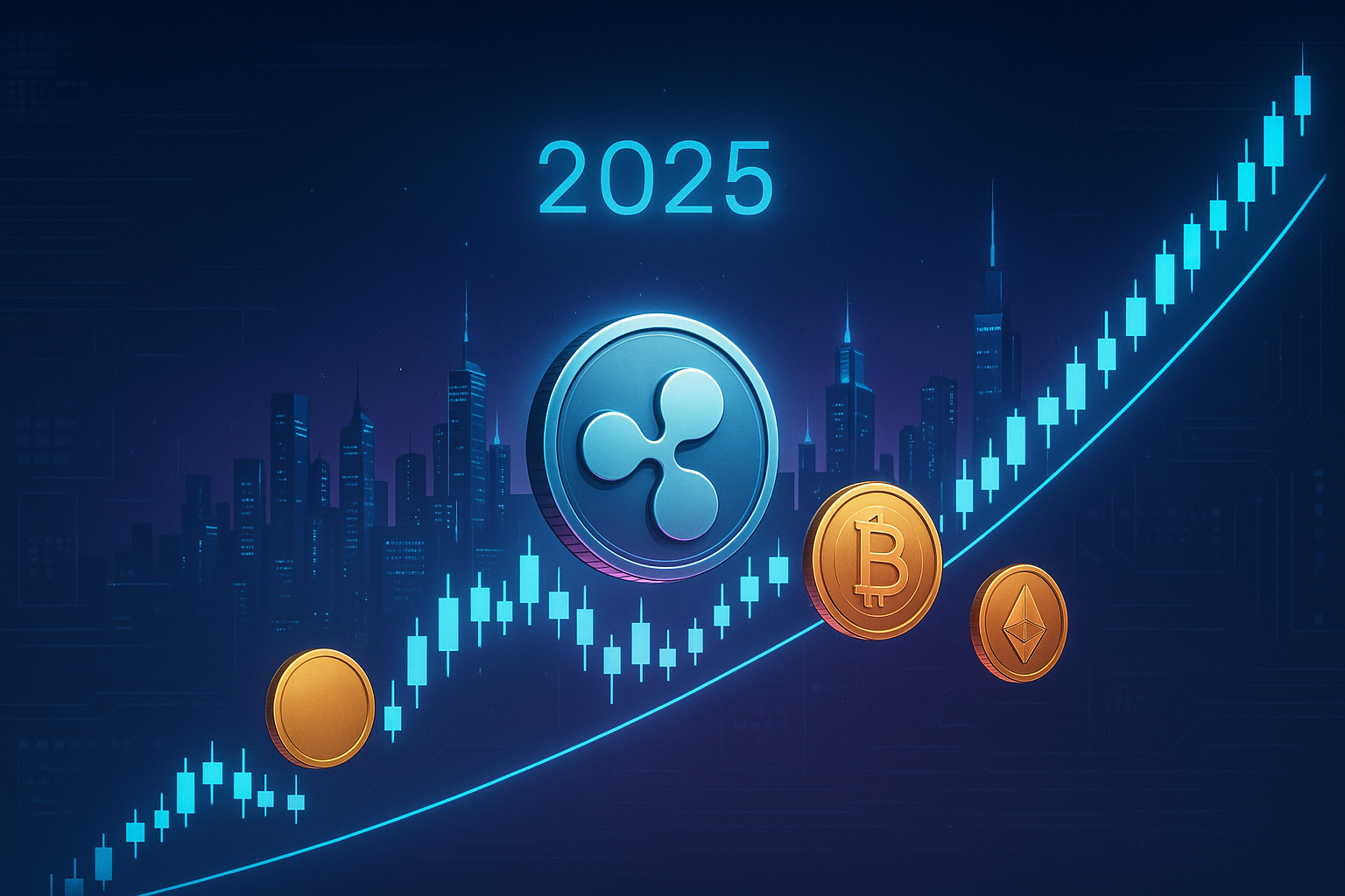Futuristic 2025 skyline with rising XRP-style coin and crypto price chart
