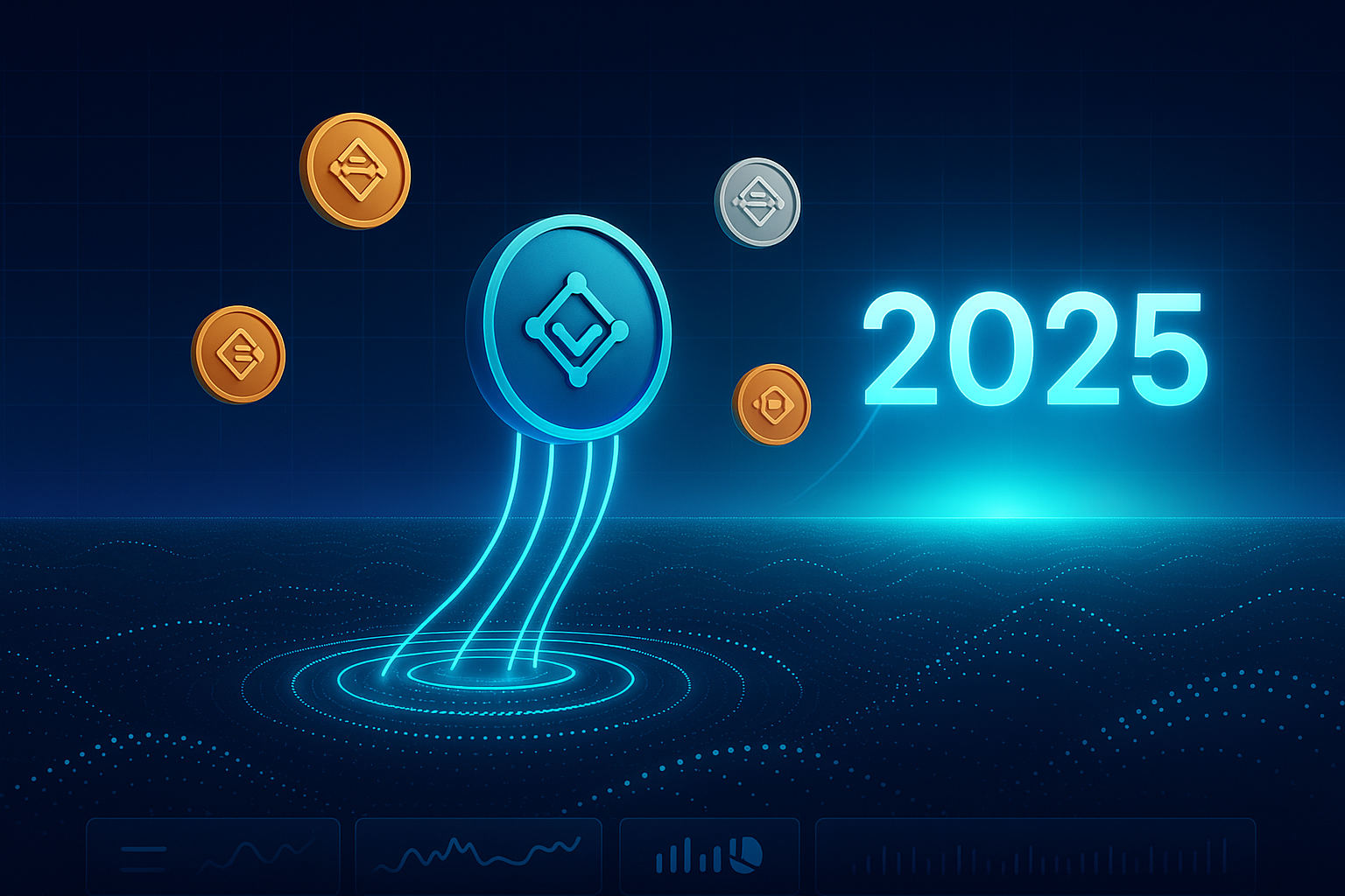 Futuristic crypto data waves and rising price chart for 2025 XRP outlook