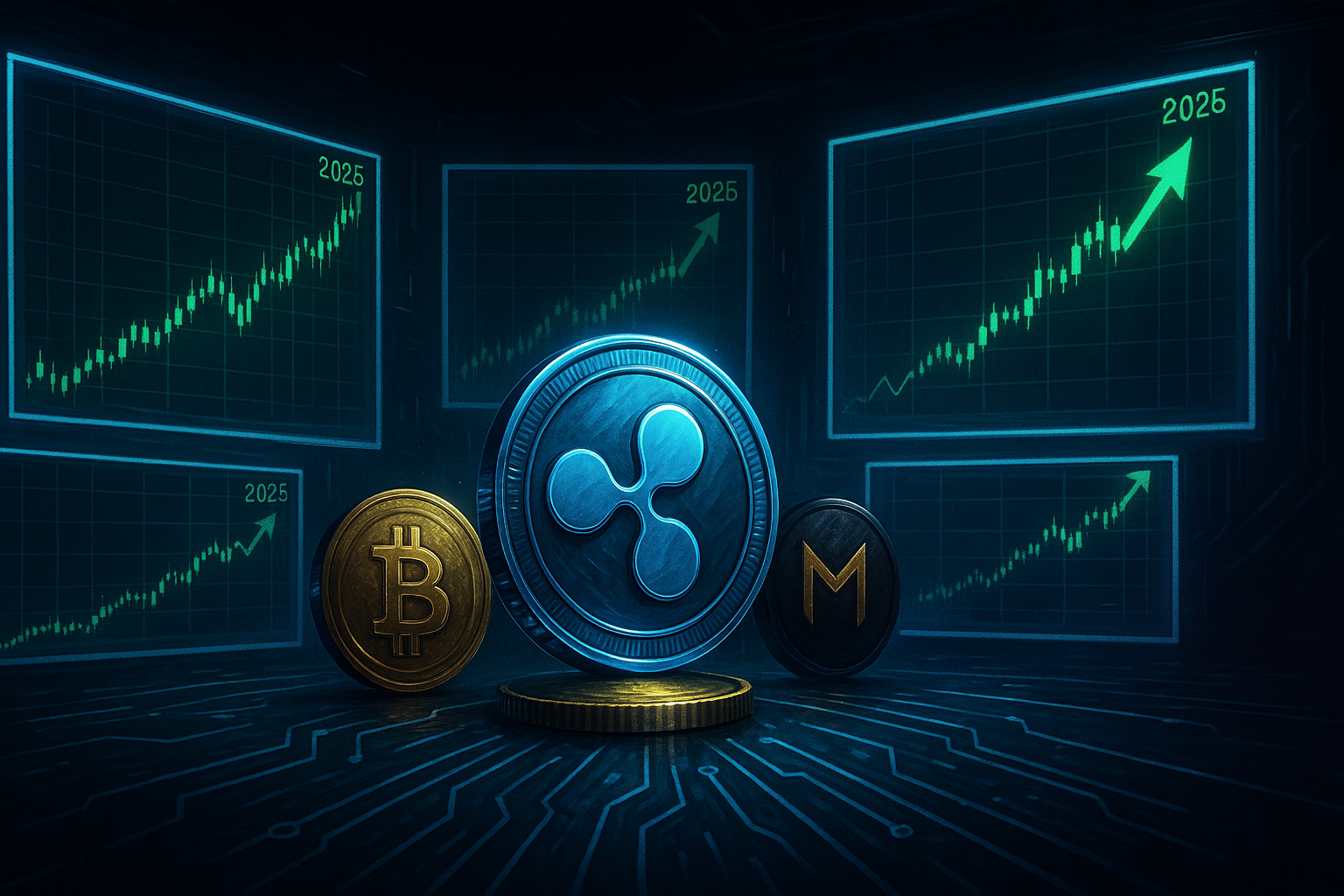 Futuristic crypto trading room with XRP-style coin and 2025 price charts