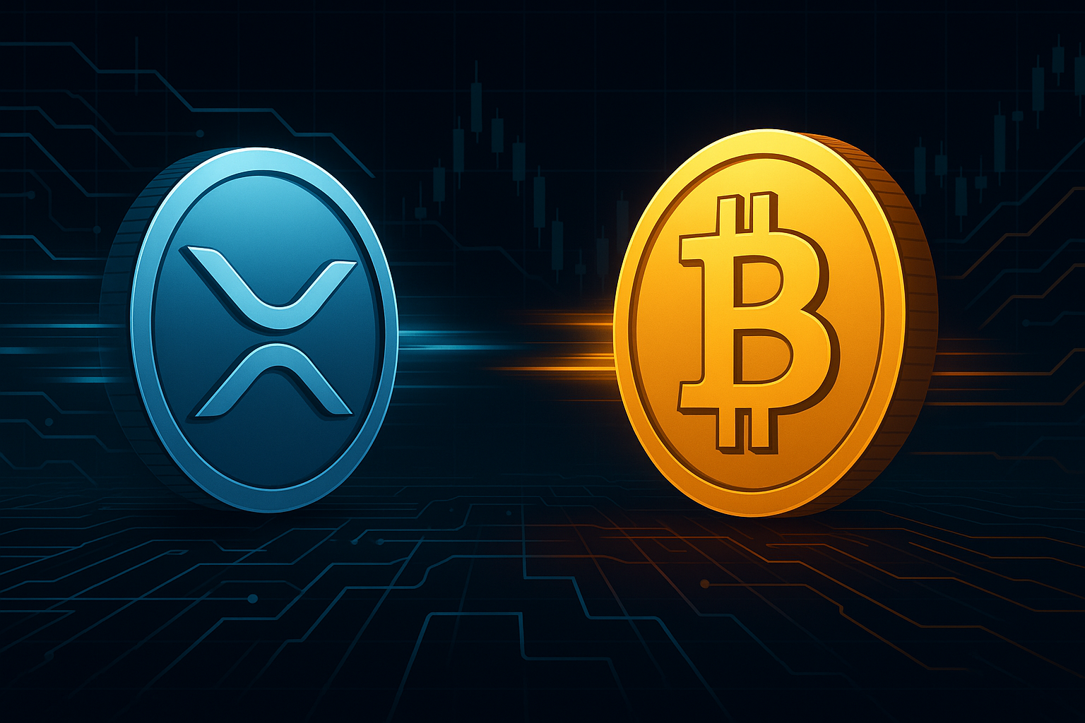 Футуристическая криптовалюта в стиле XRP противостоит криптовалюте в стиле Bitcoin на цифровой криптоарене.
