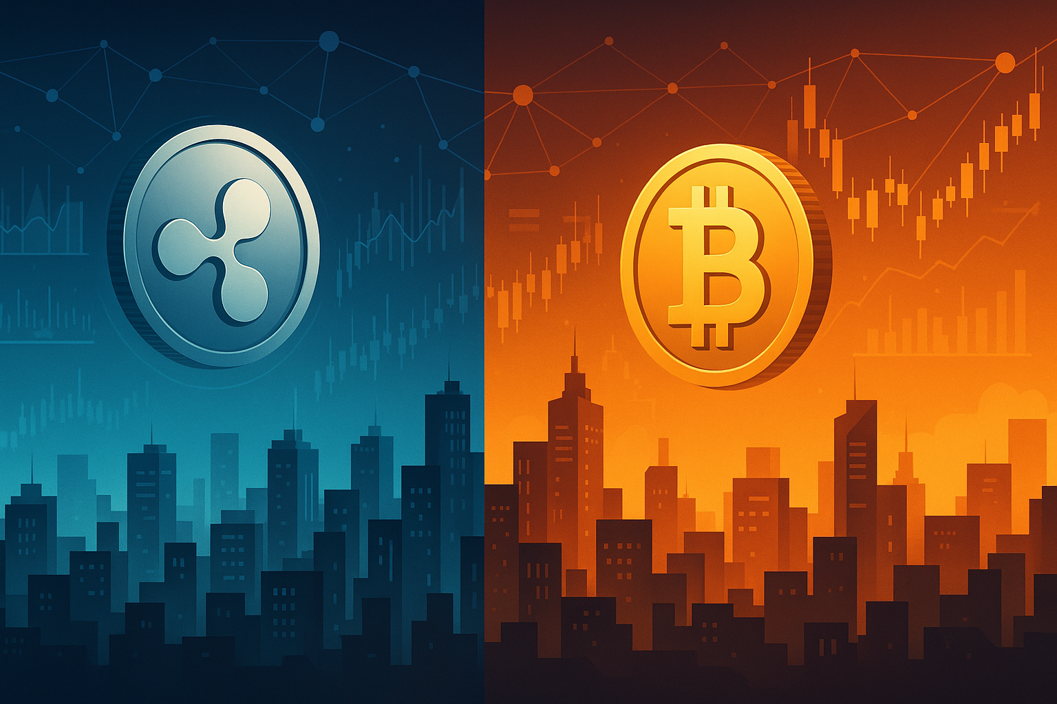 Paysage urbain futuriste divisé comparant une pièce de style XRP à une pièce de style Bitcoin