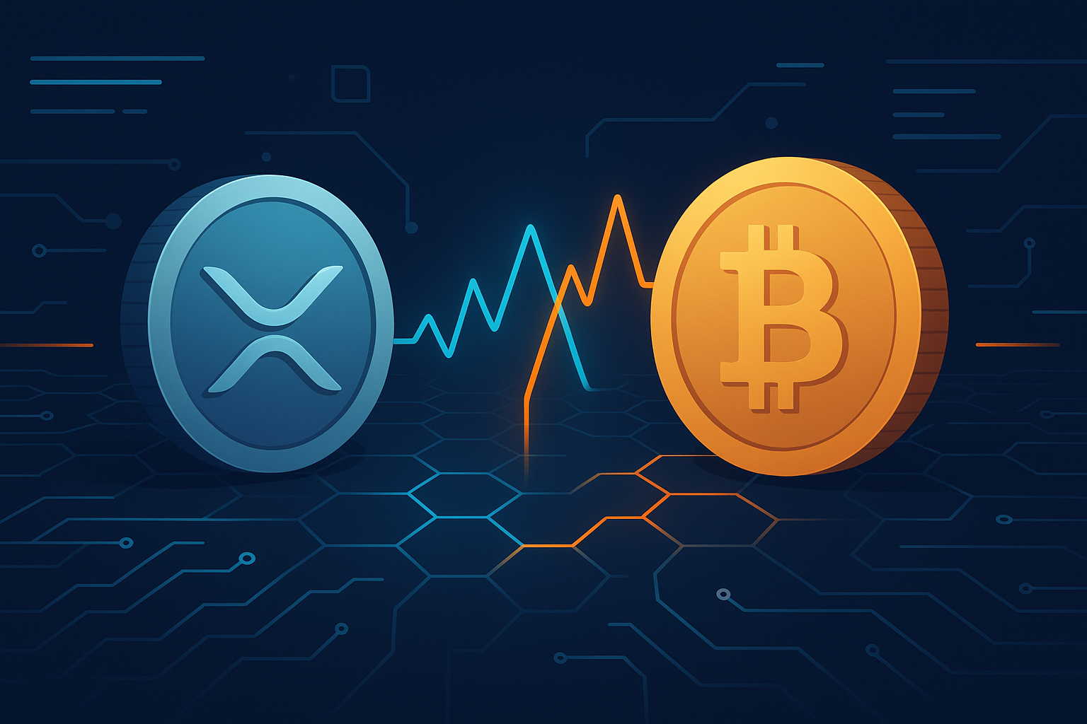 Bannière numérique de comparaison de cryptomonnaies affichant des cryptomonnaies de type XRP et Bitcoin avec des courbes de performance qui se croisent