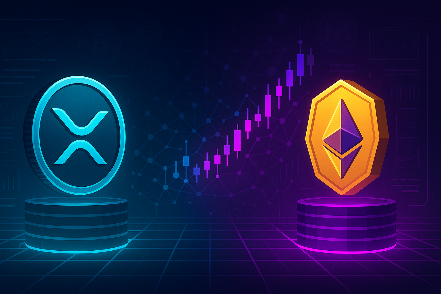 Футуристическая криптовалюта, похожая на XRP, против криптовалюты, похожей на Ethereum, с криптографическими графиками.