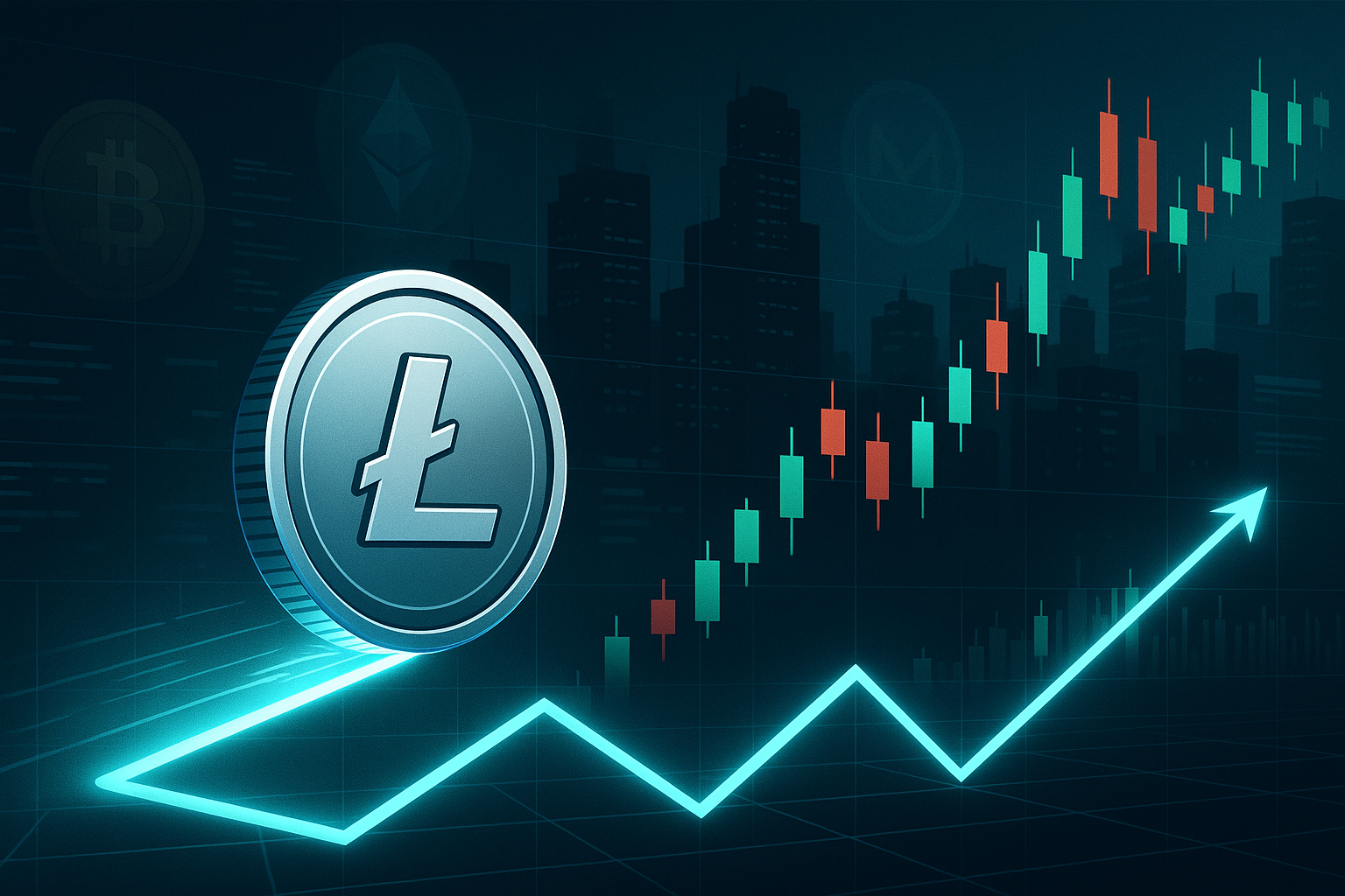 Futuristic Litecoin-style coin racing along neon crypto price chart