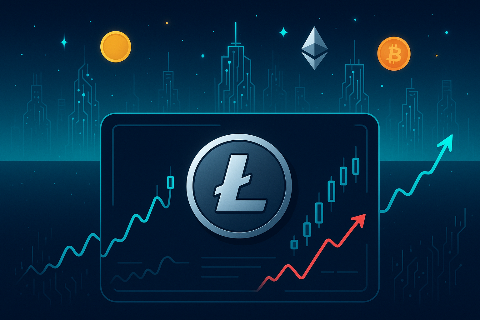 Litecoin price prediction banner with L coin, charts, and crypto city skyline