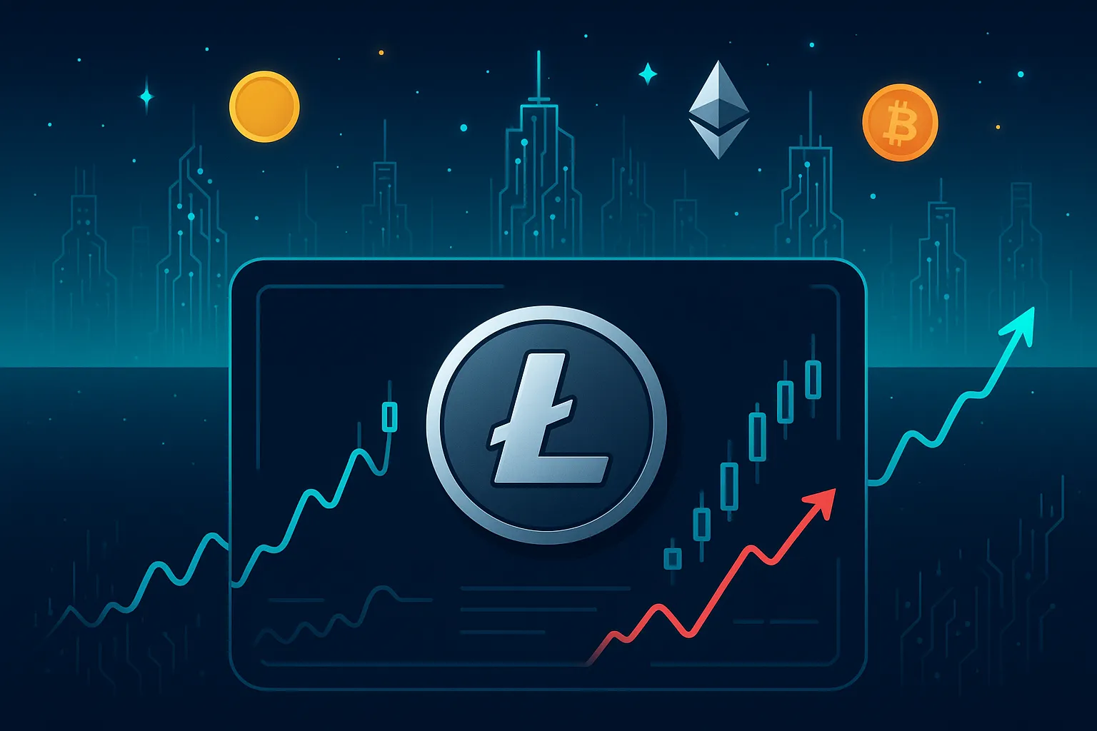 Litecoin price prediction banner with L coin, charts, and crypto city skyline