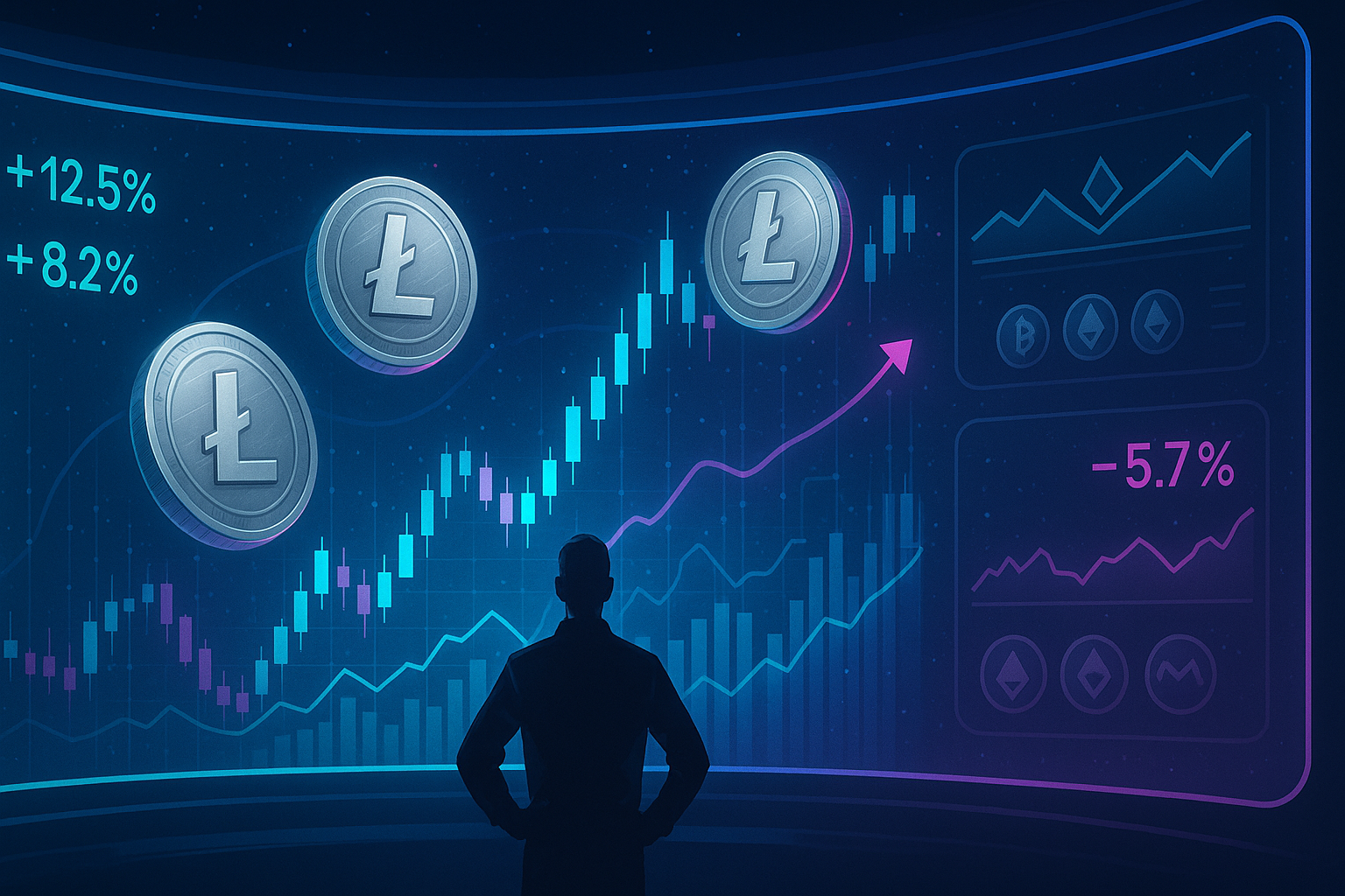 Futuristic trader watching Litecoin-style coins orbit a dynamic price chart