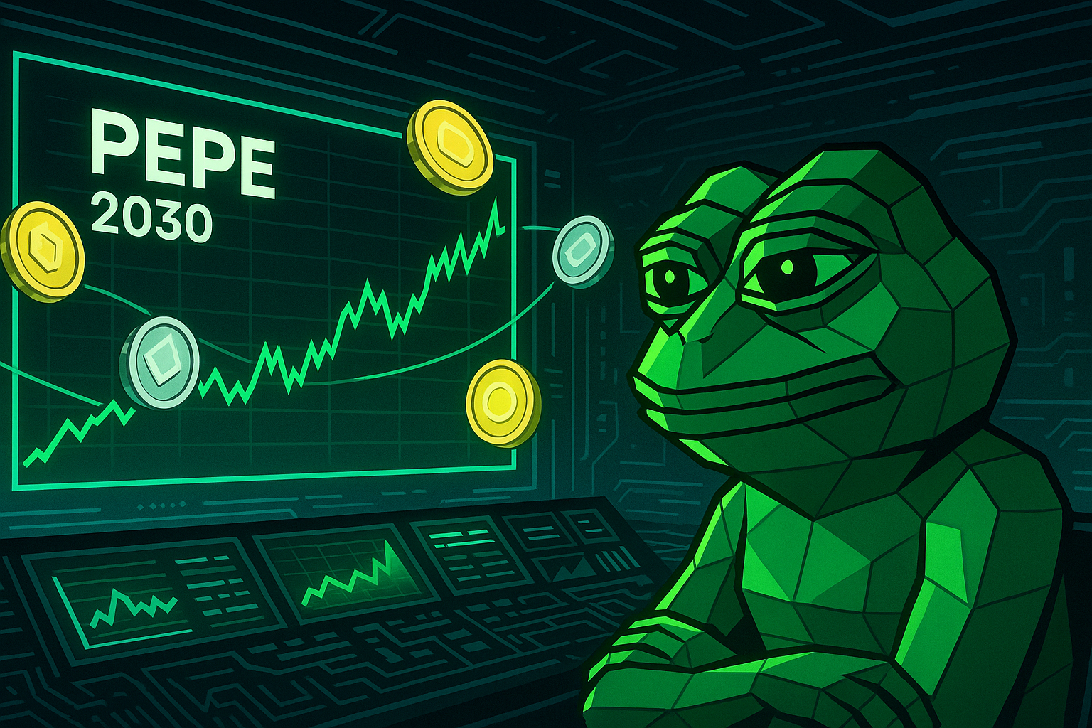 Futuristic crypto control room with polygon PEPE frog tracking 2030 price charts