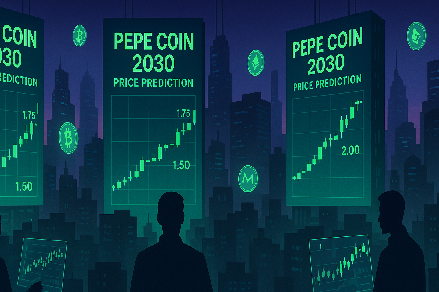 Futuristic neon city with PEPE Coin 2030 holographic price charts and traders analyzing AR crypto screens